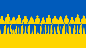 Imagen con la bandera de Ucrania, azul en la mitad superior y amarilla en la inferior. En el centro de la bandera una fila de siluetas de personas que se cogen de la mano. Autoría: Pixabay.