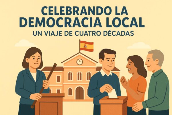 Imágen generada por inteligencia artificial. Es una caricatura que representa personas ejerciendo el voto. Tiene un letrero que dice "Celebrando la democracia local un viaje de cuatro décadas".