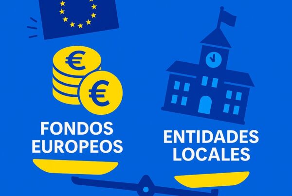 Es una ilustración en azul donde una balanza aparece inclinada: en el lado más pesado hay monedas y la bandera de la Unión Europea, con el texto “Fondos europeos”. En el lado más ligero hay un edificio municipal con bandera y el texto “Entidades locales”, sugiriendo un desequilibrio entre financiación europea y capacidades locales.