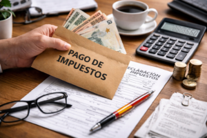 Mano sosteniendo un sobre con dinero que dice "pago de impuestos". Al fondo se observen unos documentos y una calculadora sobre un escritorio.
