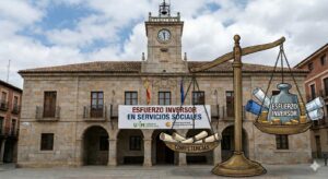Se vizualiza la fotografía de un ayuntamiento y al frente una imagen digital de una balanza que, del lado que pesa más dice competencia y, del otro lado, dice esfuerzo inversor. En el ayuntamiento cuelga una manta que dice "Esfuerzo inversor en servicios sociales".