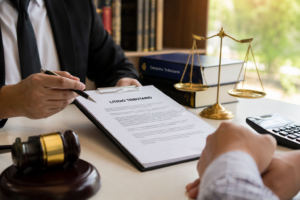 Se ilustra un abogado en su oficina mostrando a su cliente unos documentos sobre un litigio tributario. sobre la mesa hay libros de derecho tributario y una balanza de la justicia.